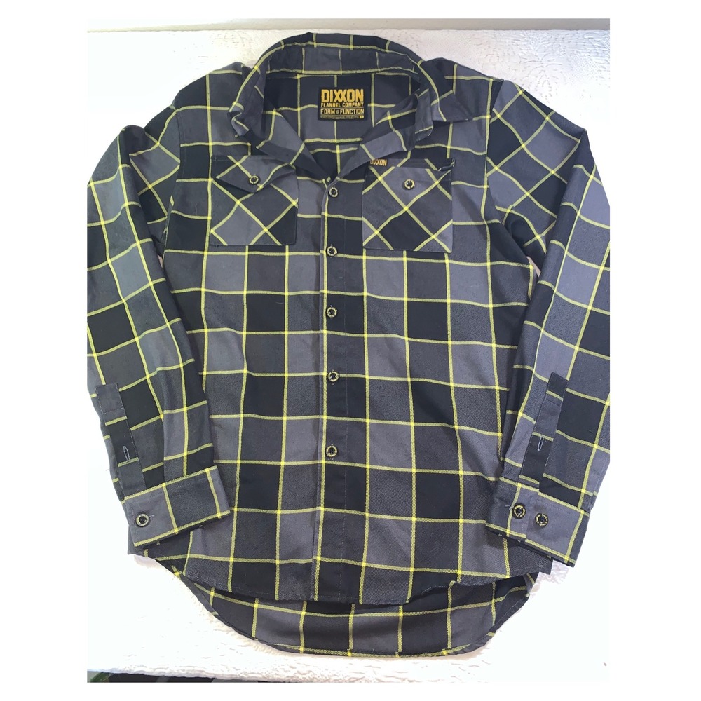 Dixxon Flannel Co. Mens Small Grey Black Yellow Plaid D-Tech Long Sleeve Shirt